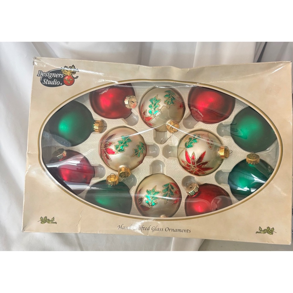 VTG Retro 90's Glass Christmas Ornaments 12 Pck Designers Studio